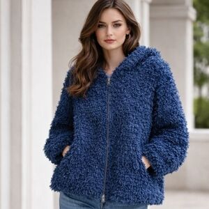 Cartise | Blue Shaggy Eyelash Hooded Zip-Up Coat Fully Lined